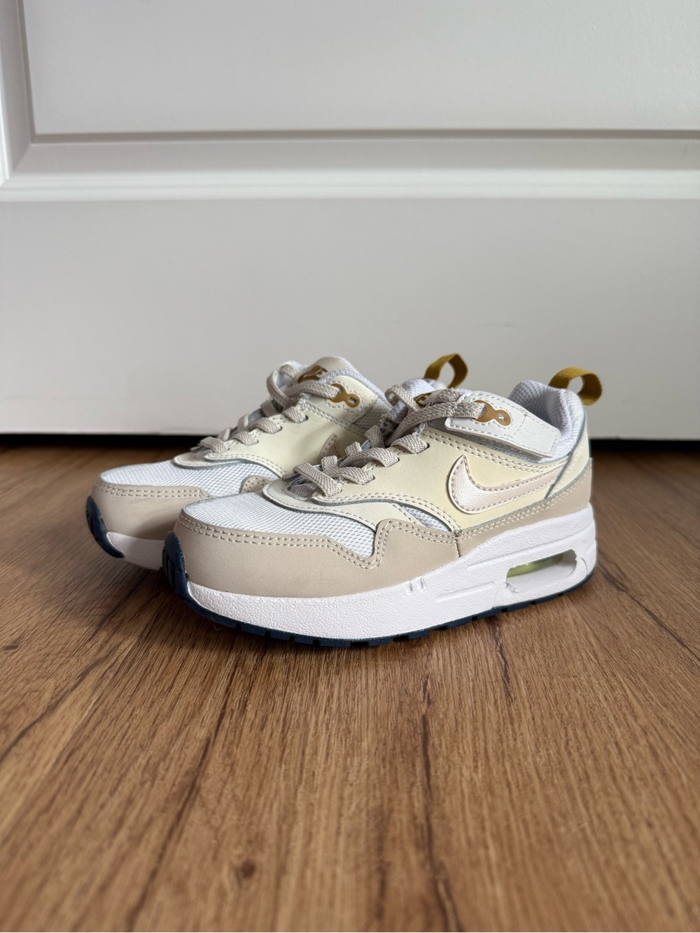 NIKE • size 11c • Kid’s Air Max 1 EasyOn White Bronzine Navy Orewood Brown